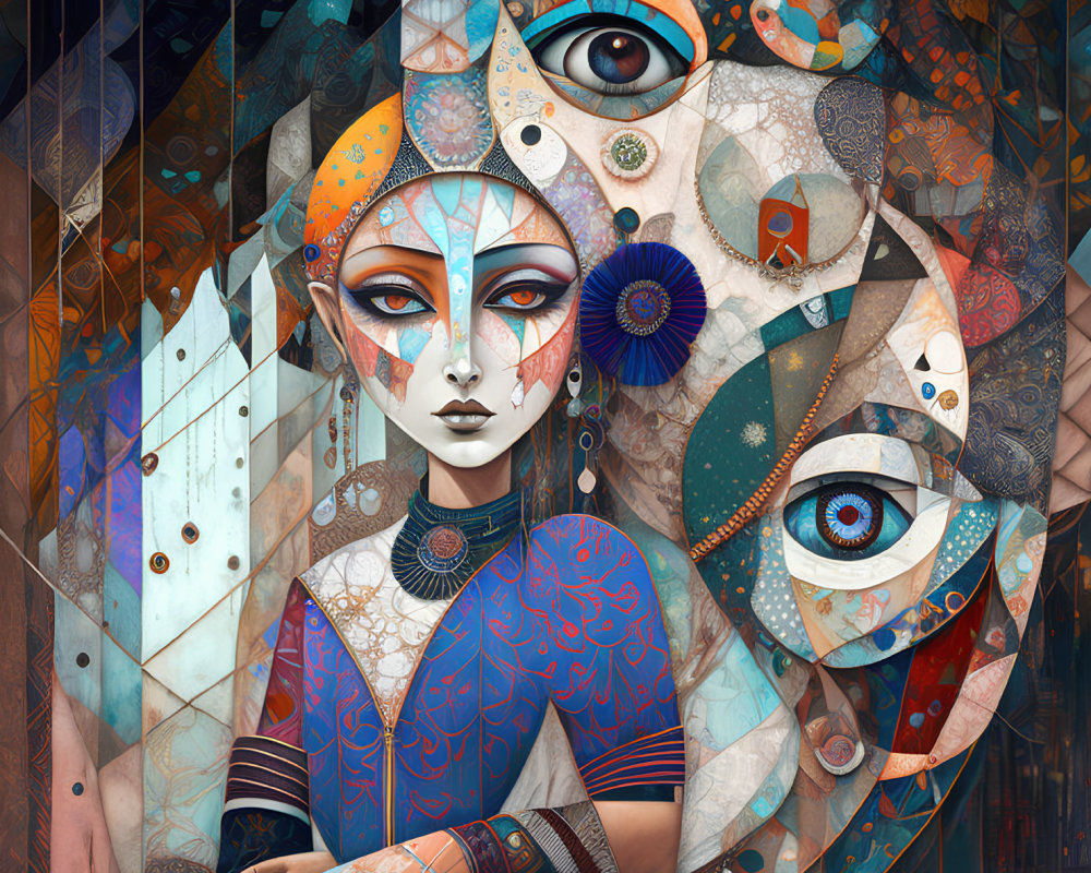 Stylized digital artwork of a woman with multiple eyes