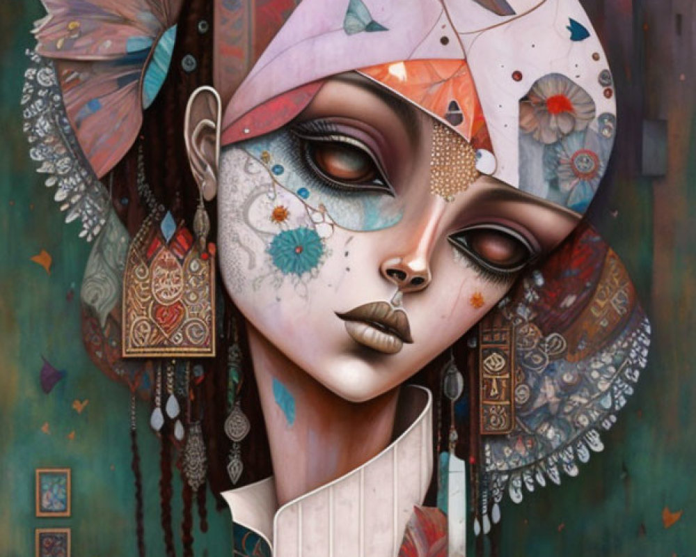 Geometric and floral surreal portrait with butterflies and jewelry