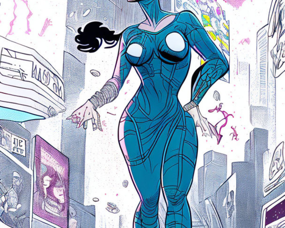 Female superhero in sleek blue costume and black hair, standing in dynamic cityscape with swirling pink clouds.