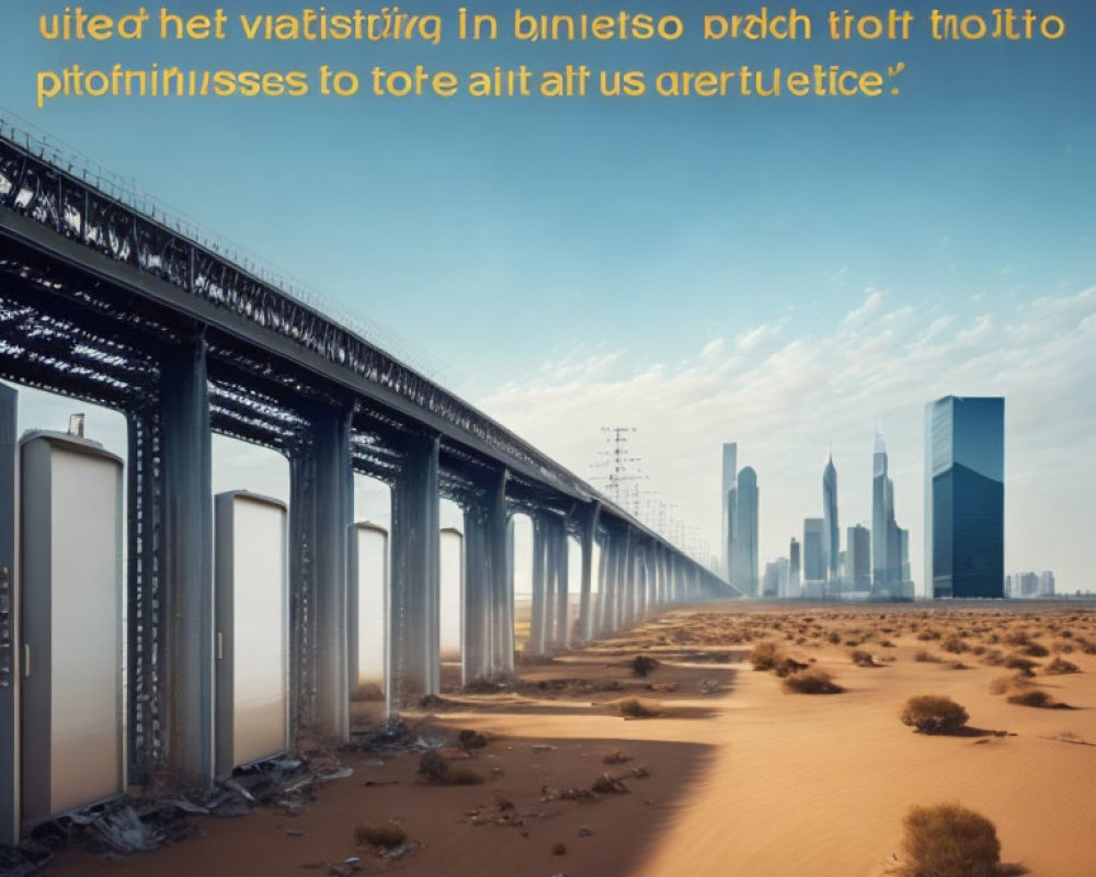 Long bridge over desert landscape towards city skyline under clear blue sky