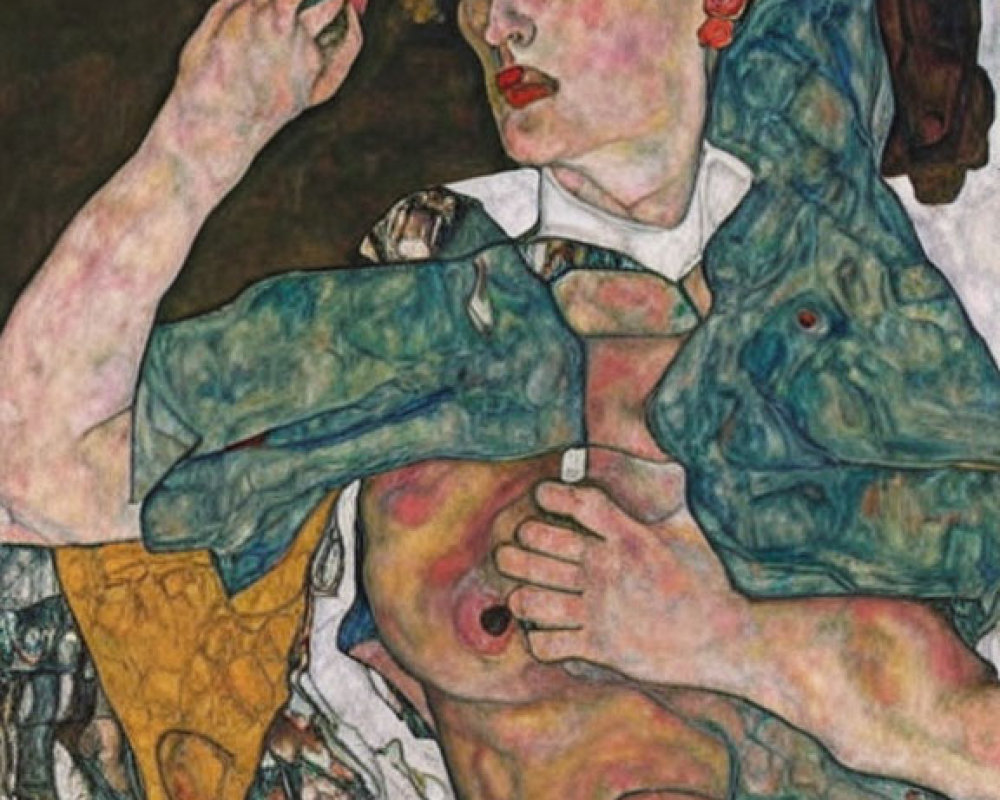 Colorful Expressionist Painting of Woman Revealing Breast