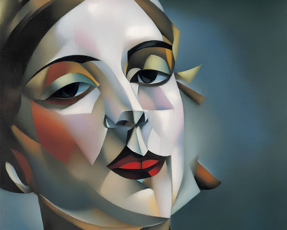 Abstract portrait of a woman with cubist influences in soft blues, reds, and neutrals