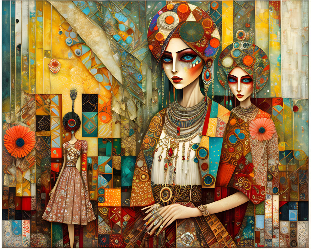Vibrant artwork of two stylized women in ornate attire and jewelry