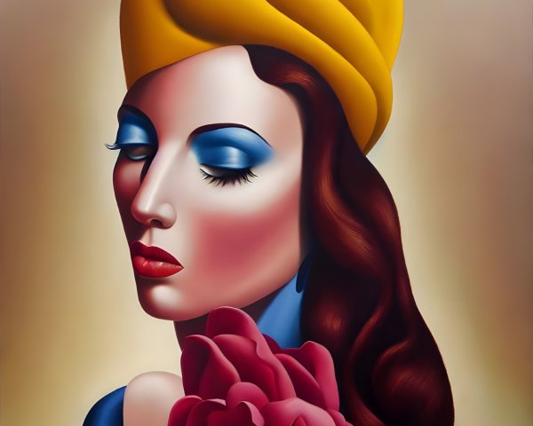 Stylized portrait of a woman with yellow hat and vibrant makeup