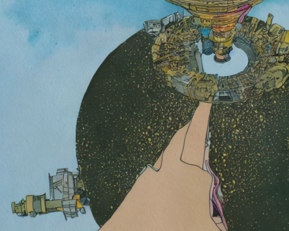Colorful animated illustration of hand pointing at fantastical city with spacecraft