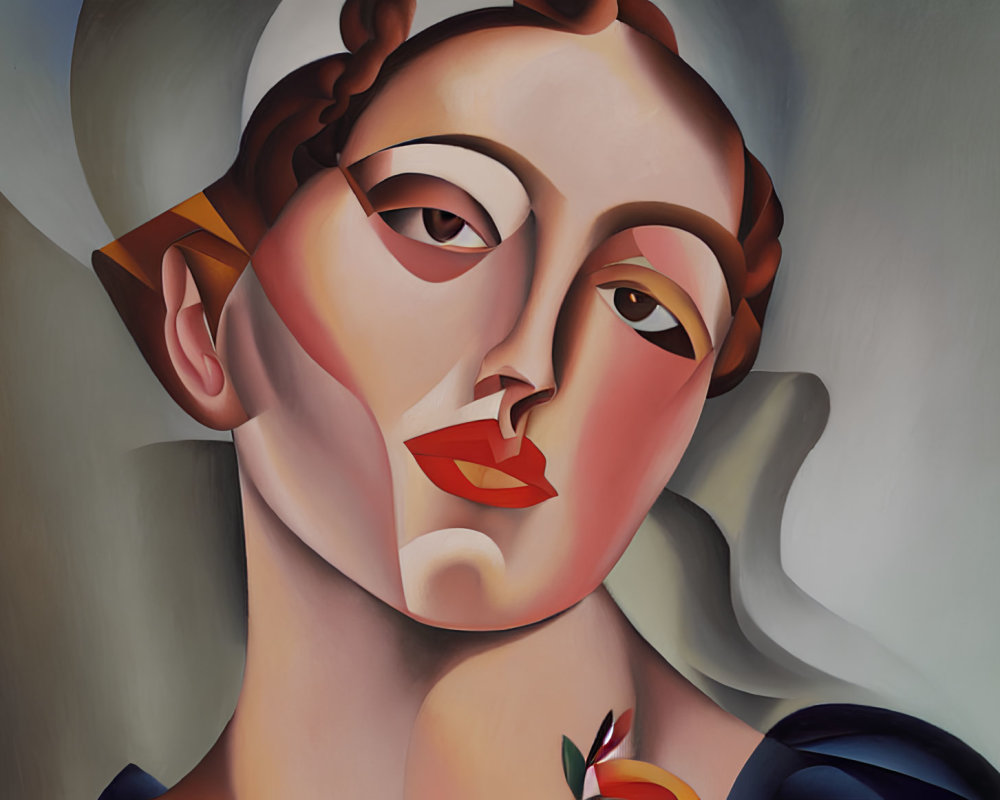 Stylized portrait of woman with exaggerated features and headscarf holding fruit