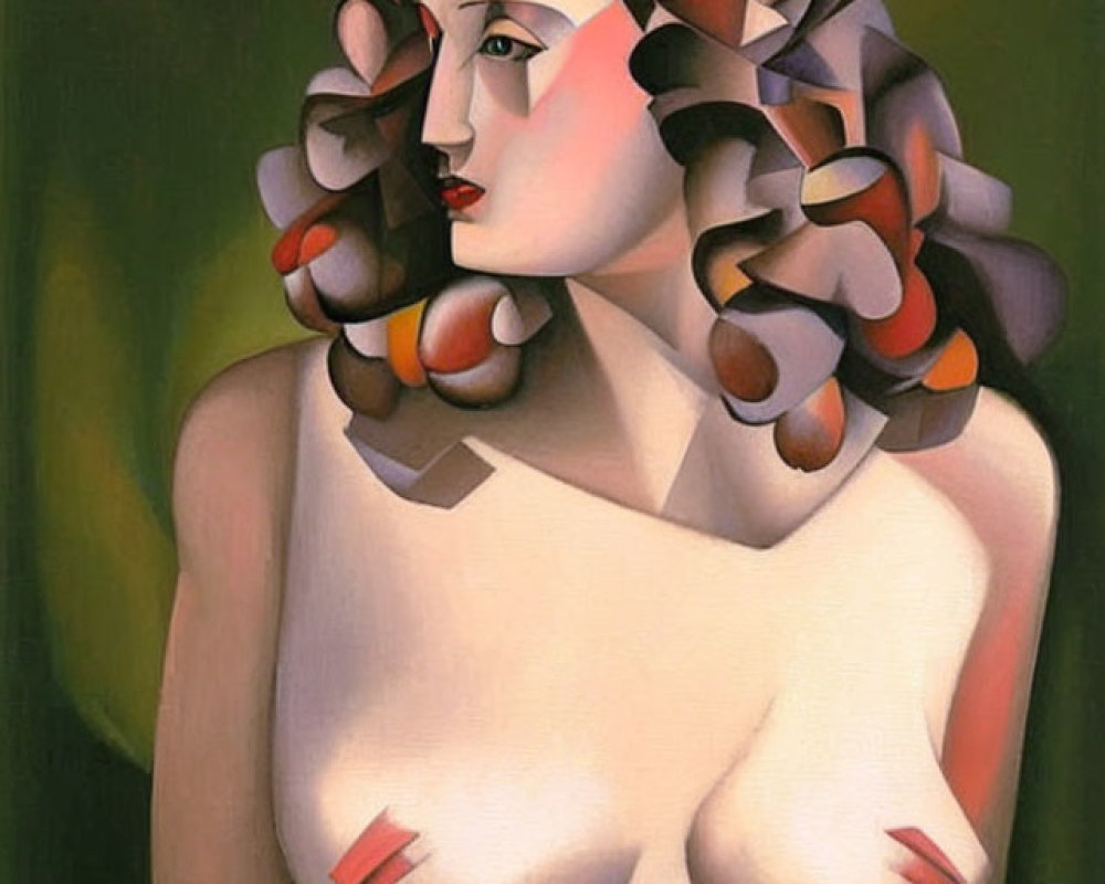 Cubist-style portrait of a woman with ribbon-like hair on dark-green backdrop