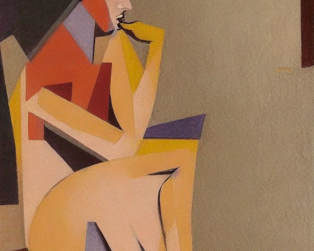 Cubist-style painting of seated figure with geometric shapes and muted colors