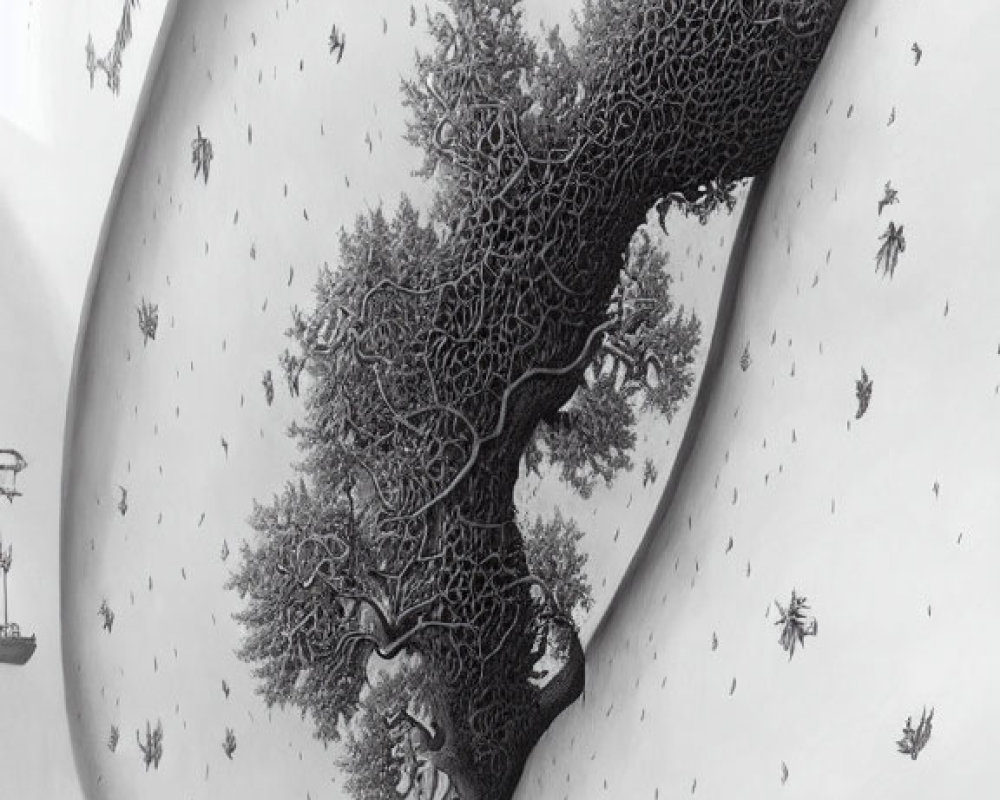 Detailed monochromatic illustration of tree on cliff with intricate branches and falling leaves.