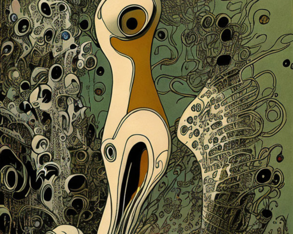 Abstract one-eyed creature in green and brown psychedelic art style.