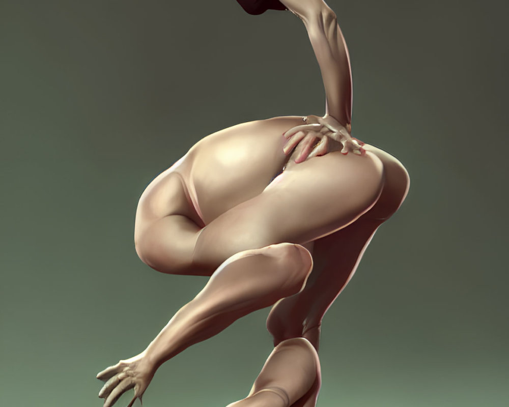 Surreal digital art of contorted nude figure balancing on one hand