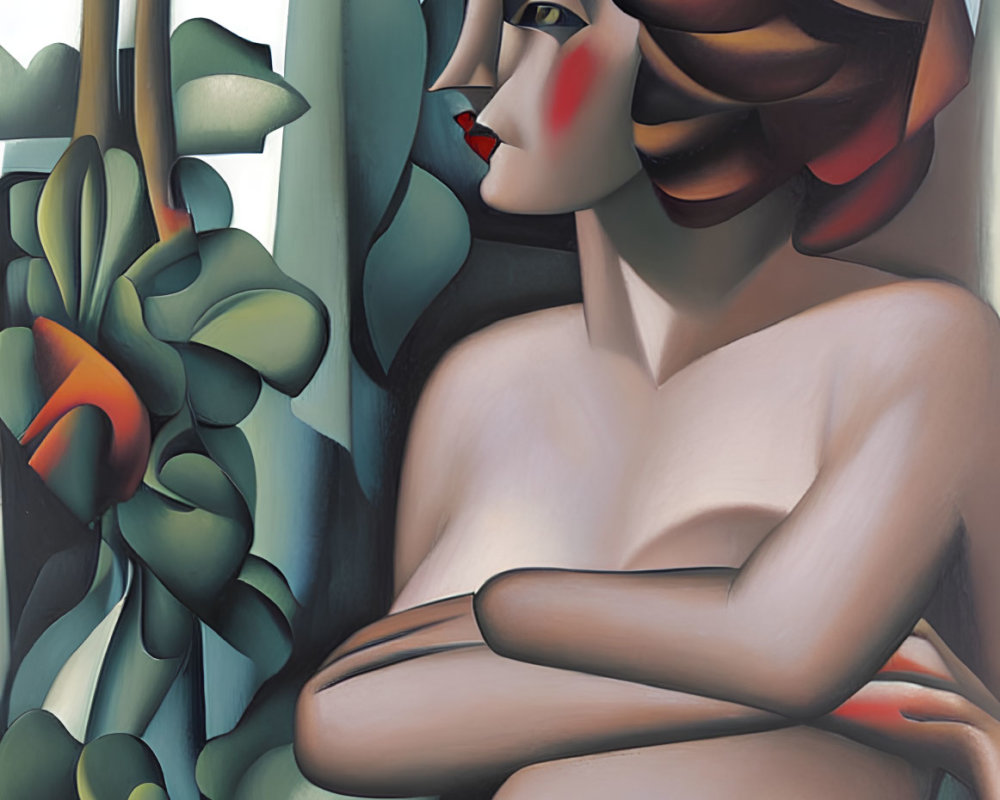 Stylized painting of woman with red lips and greenery.