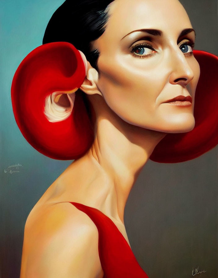 Realistic painting of a woman with dark eyes in red outfit