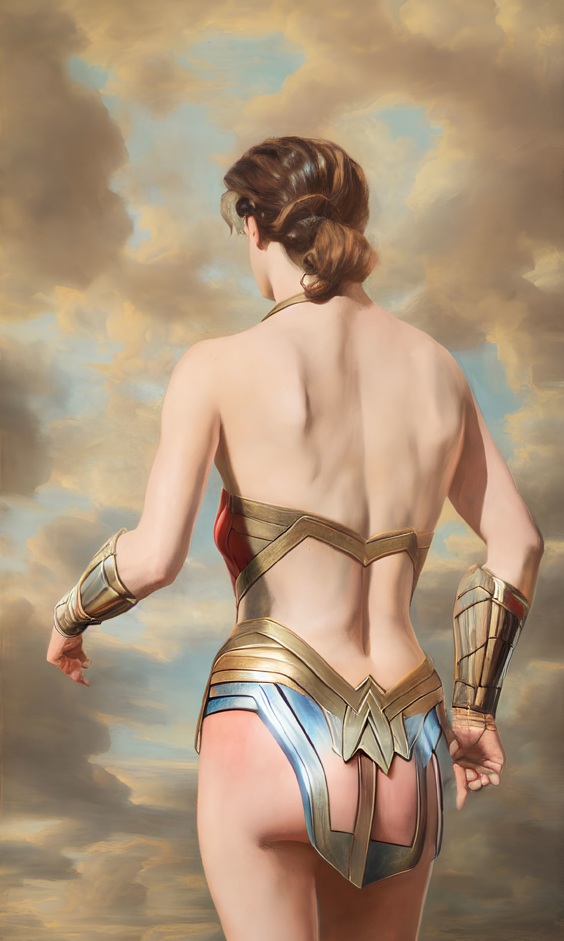 Woman in Wonder Woman costume displays muscular physique against cloudy sky.
