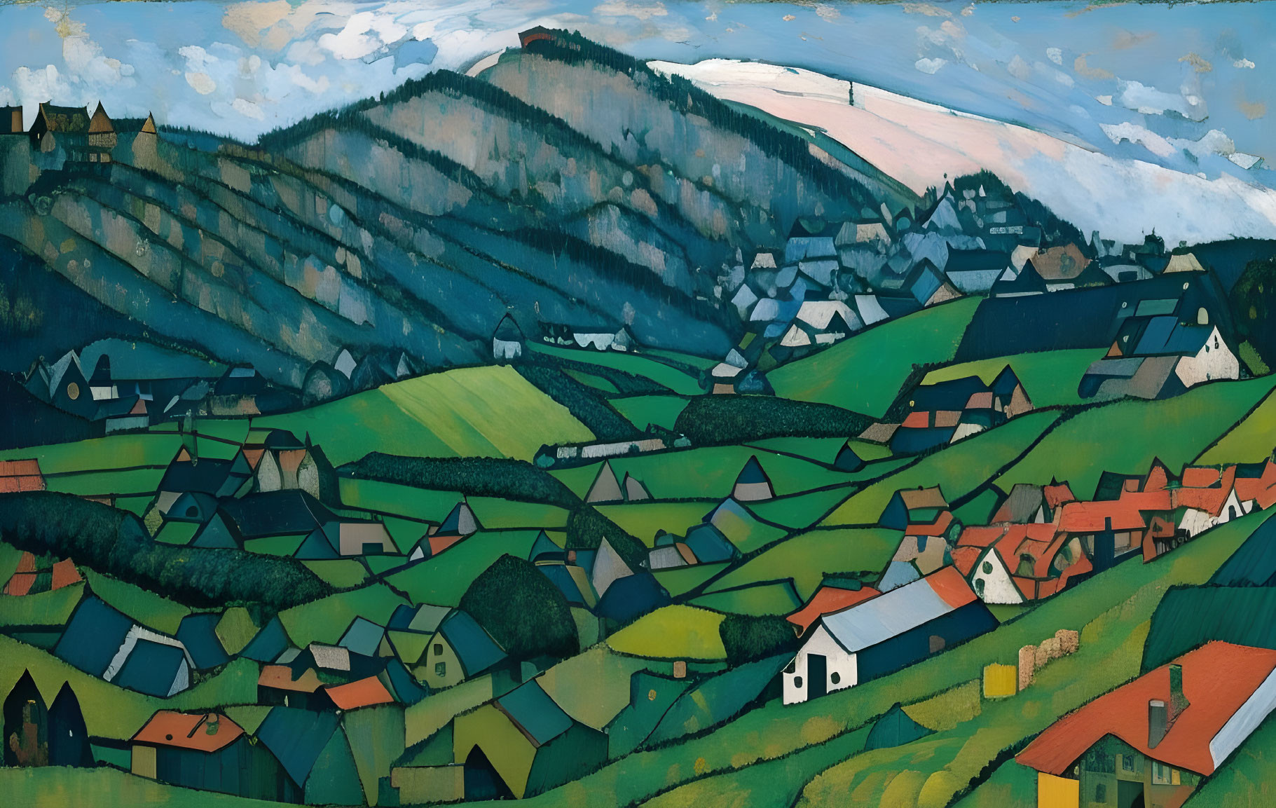 Colorful painting of geometric rural landscape under dynamic sky