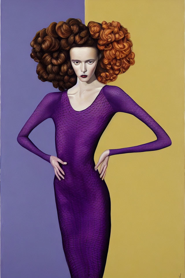 Curly-Haired Woman in Purple Bodysuit on Yellow Background