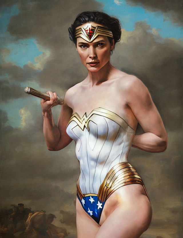 Wonder Woman painting: Confident stance with Lasso of Truth, iconic costume, battle backdrop