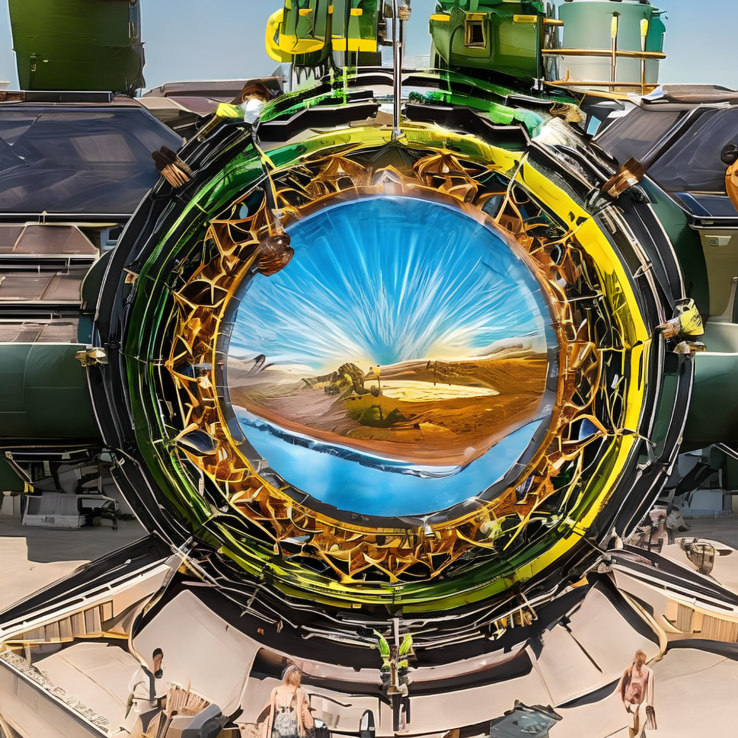 Futuristic portal overlooking desert landscape with machinery and observers