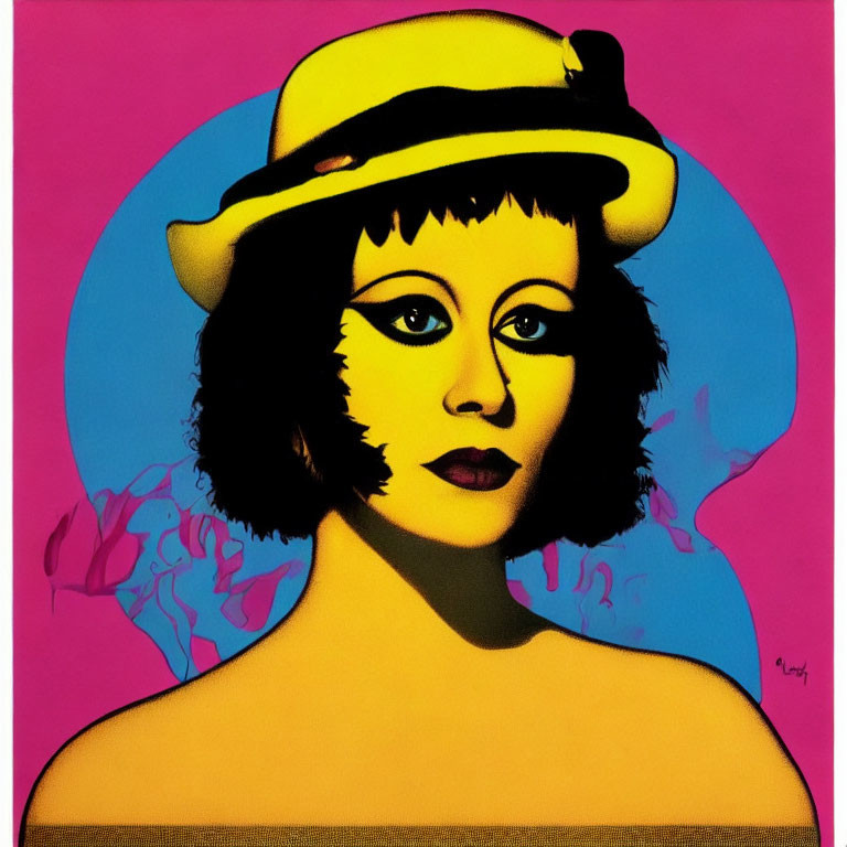 Stylized portrait of woman with bob haircut in hat on pink background