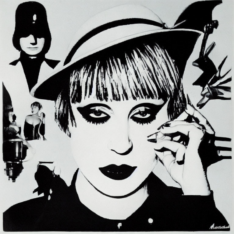 Monochrome artwork of woman in hat applying mascara with silhouettes.