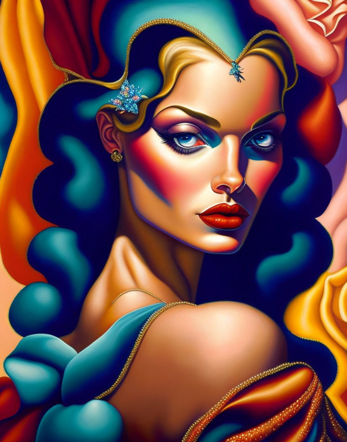Illustration of Woman with Blue Eyes, Red Lips, Multicolored Hair & Jewelry