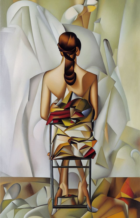 Surrealist painting of woman with braided updo holding cubist book