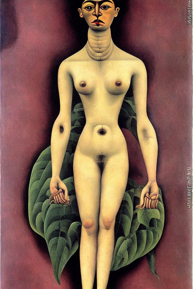 Surreal painting of naked female figure on green foliage