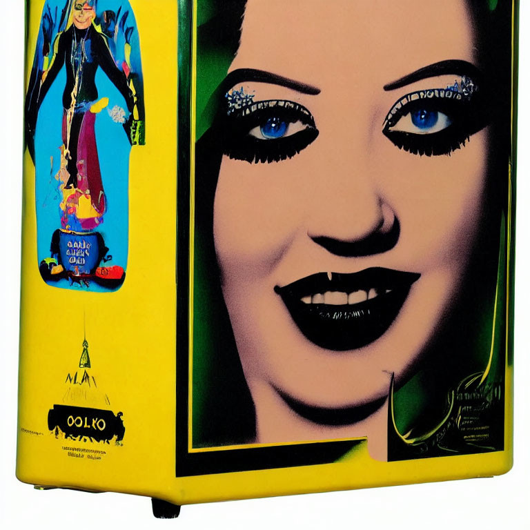 Yellow Vintage Arcade Machine Side Art: Stylized Woman's Face with Blue Eye Makeup
