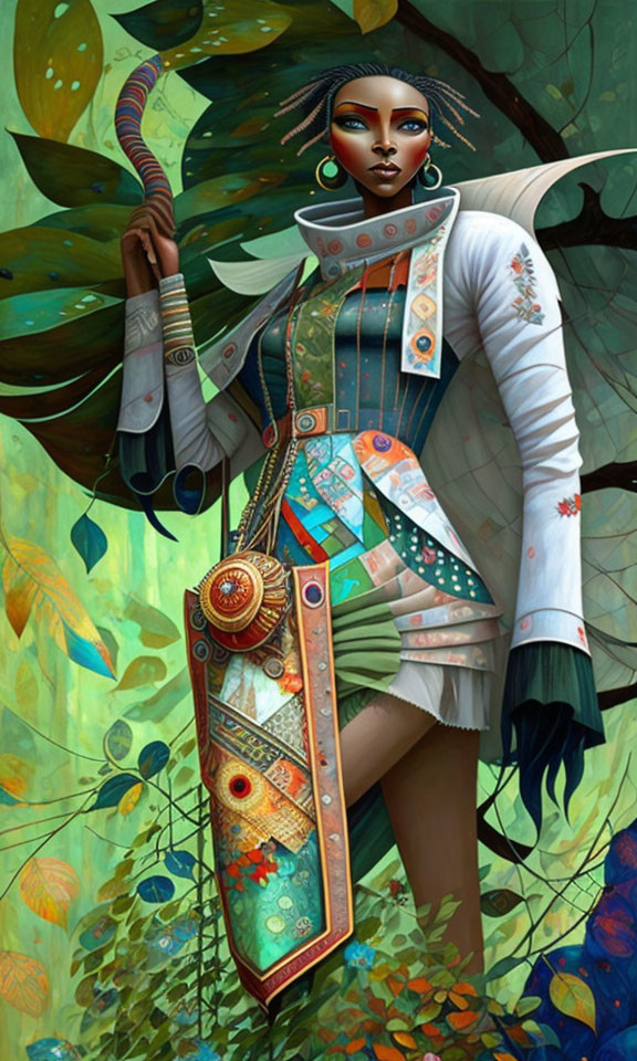 Futuristic female figure with sheathed sword in ornate attire amid lush foliage