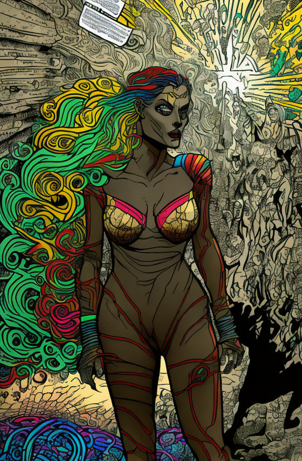 Colorful Comic Book Illustration of Striking Female Superhero