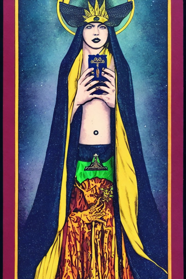 Mystical figure with horned headpiece holding blue crystal in yellow cloak.
