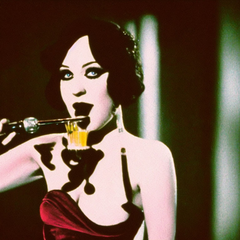 1920s-style makeup woman in red performing with microphone