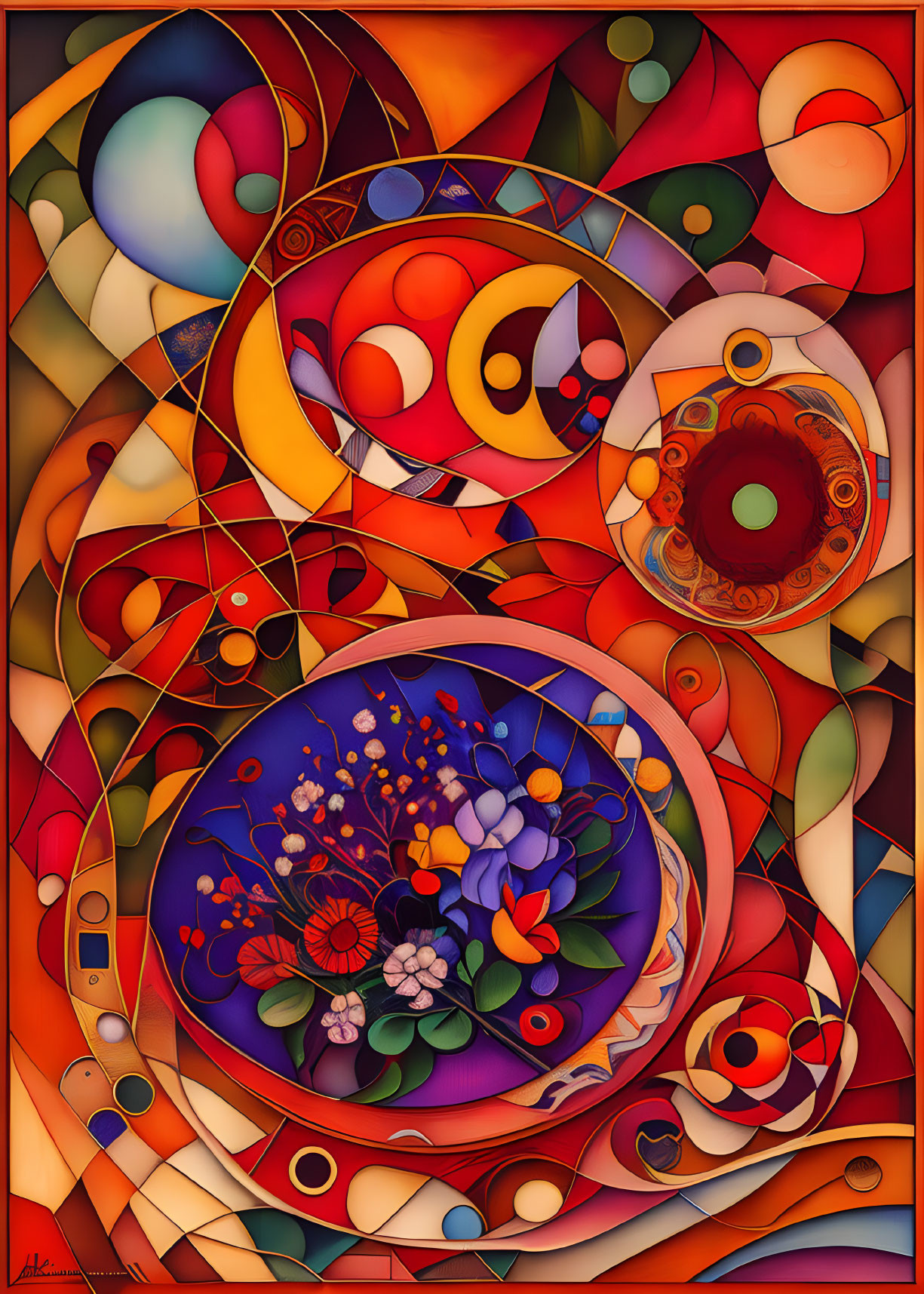 Colorful Abstract Artwork with Geometric and Floral Elements