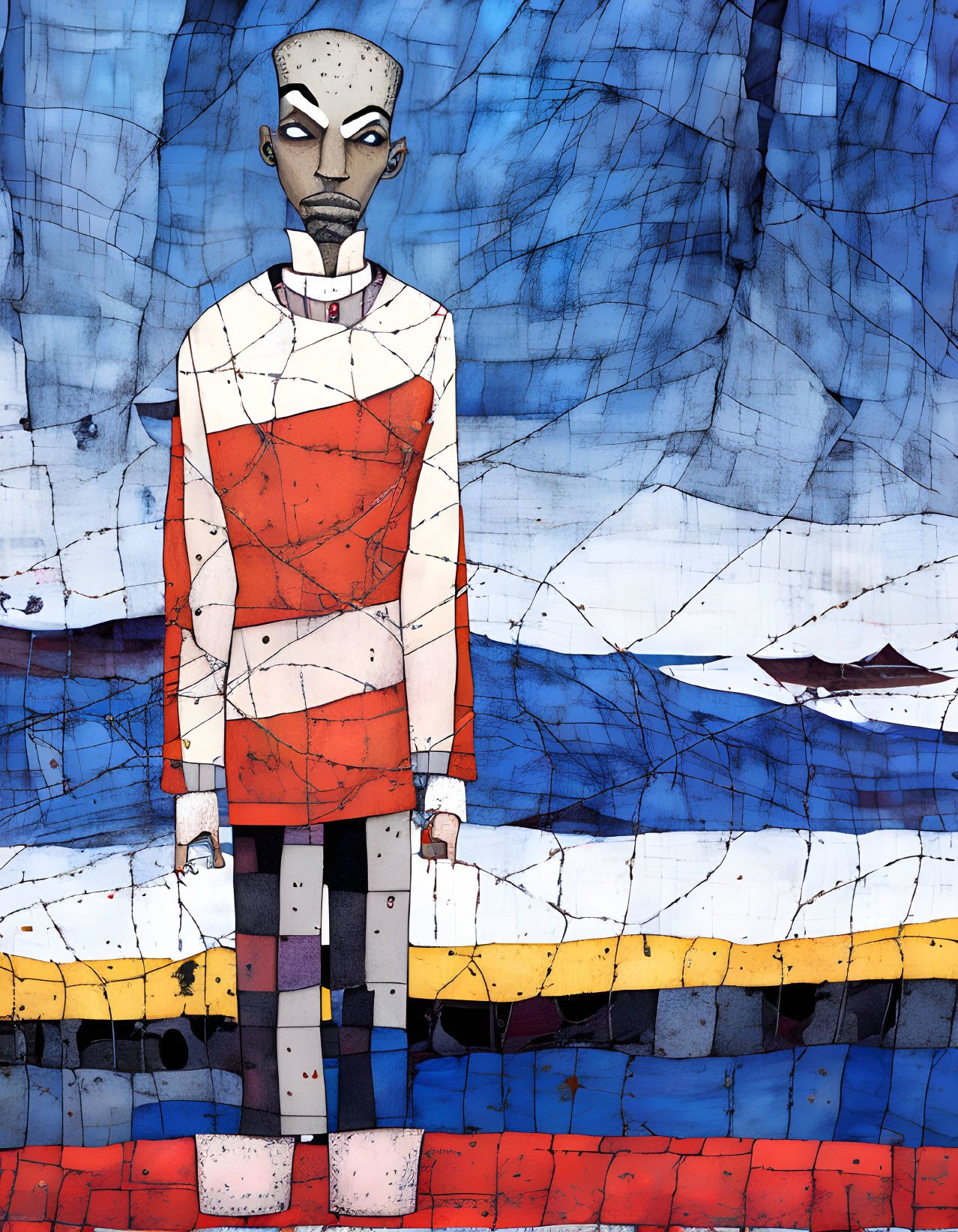 Stylized bald person in patchwork outfit on cracked blue background