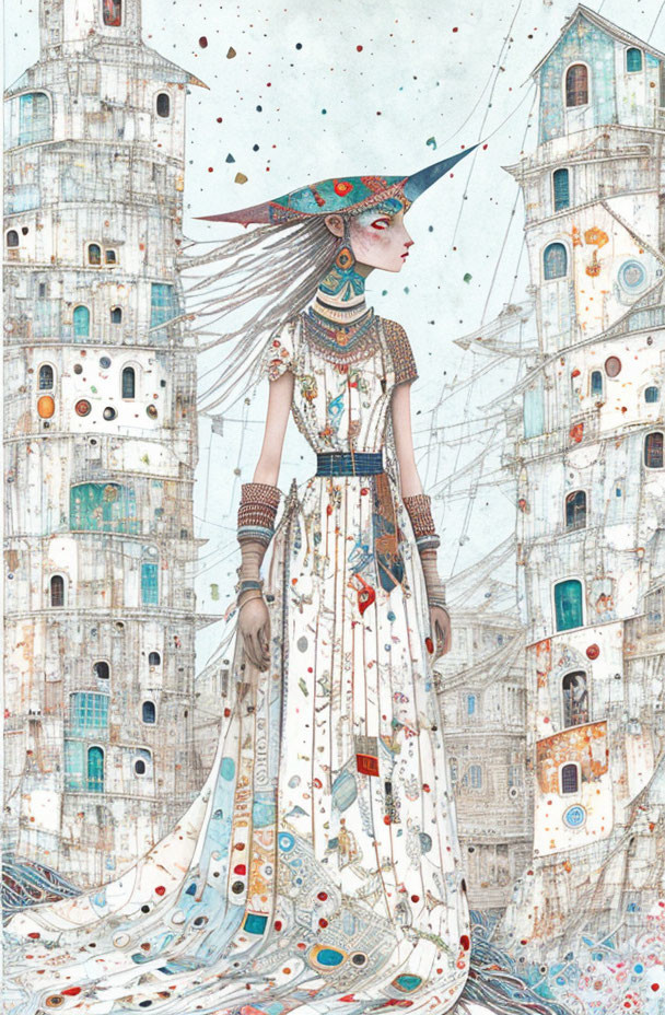 Illustrated woman in patterned dress with whimsical houses and kite in star-spotted sky