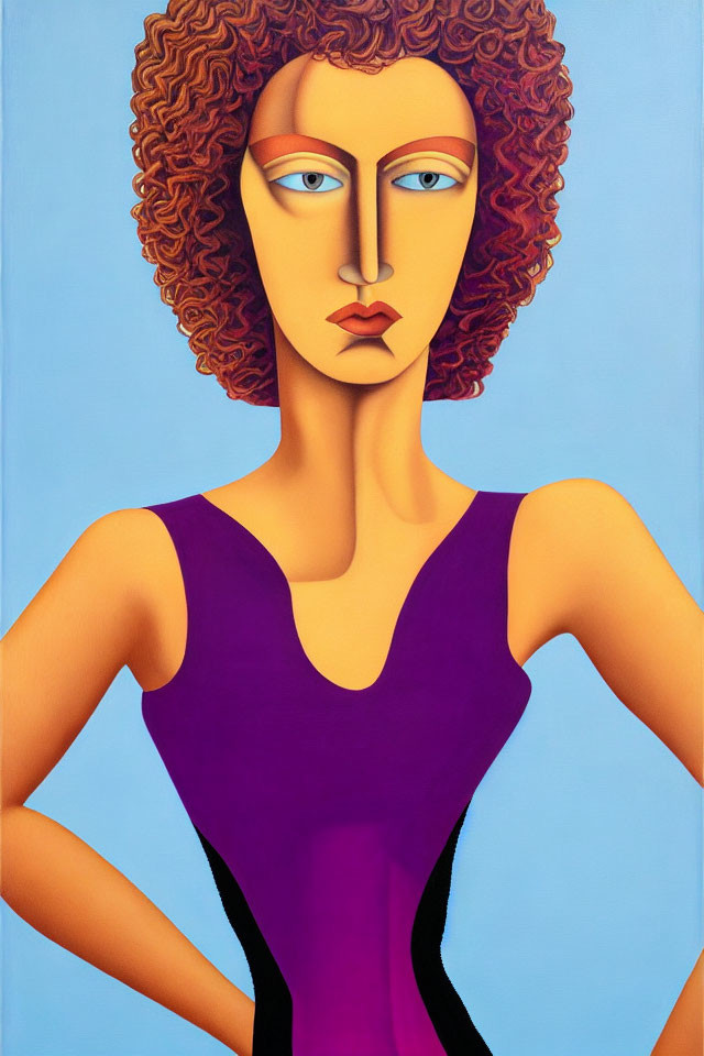 Person with Prominent Eyes and Curly Hair in Sleeveless Purple Dress on Blue Background