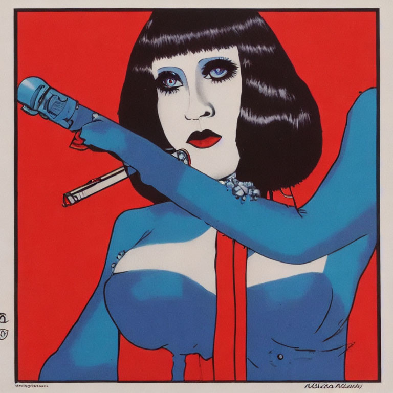 Pop art illustration of woman with bob haircut and microphone in red and blue hues