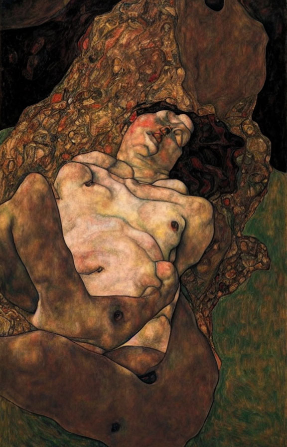 Reclined nude female figure with abstract brown shapes on dark background