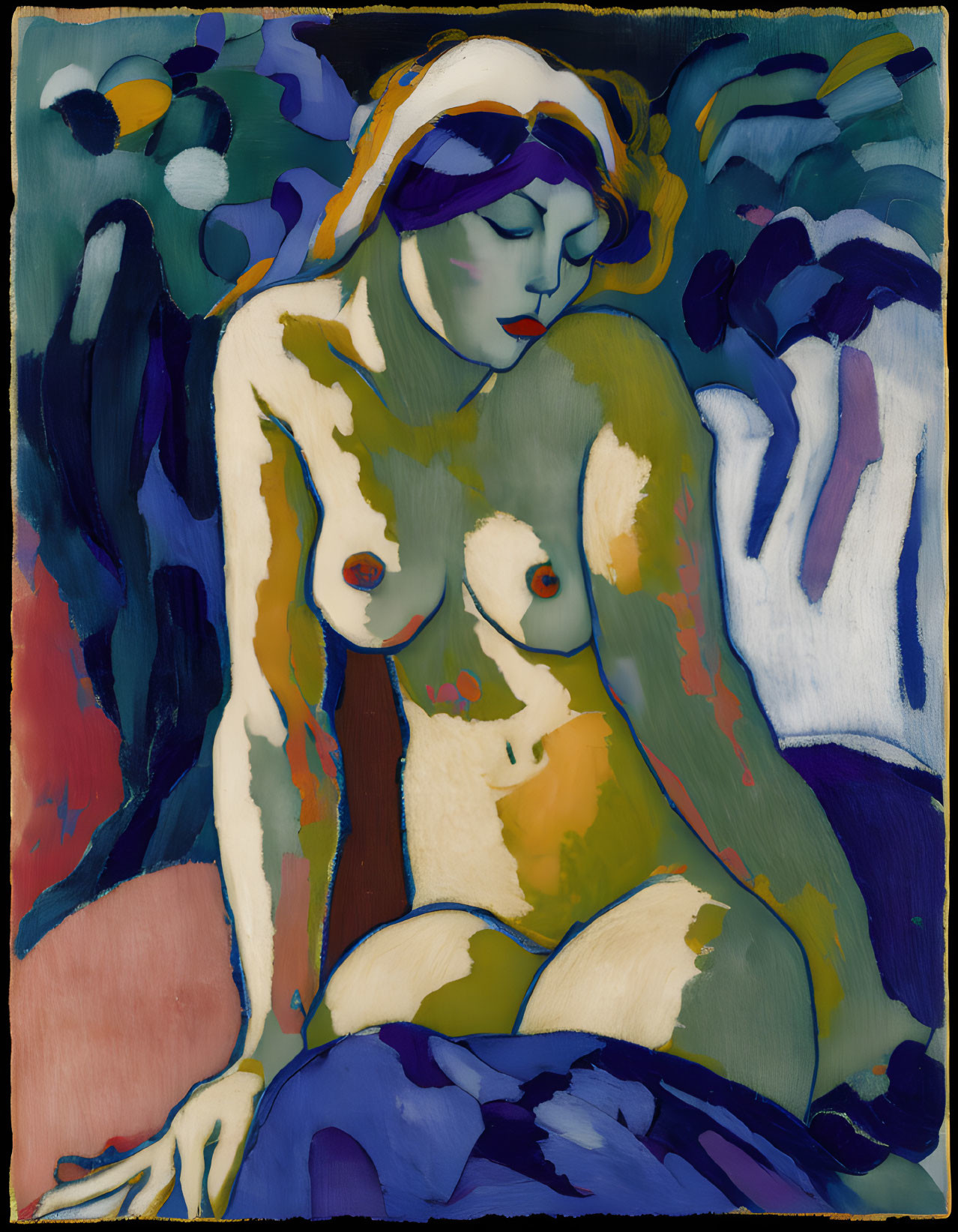 Vibrant expressionist painting of nude female figure in seated pose