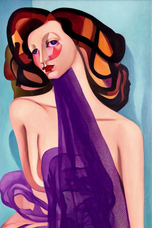 Stylized woman with multicolored hair and purple fabric
