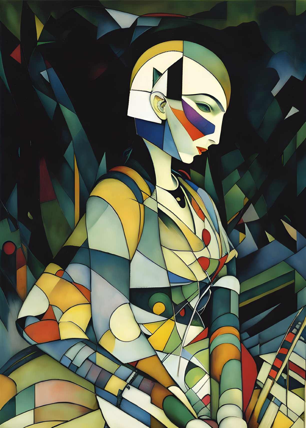 Abstract Cubist Humanoid Figure Painting with Geometric Patterns