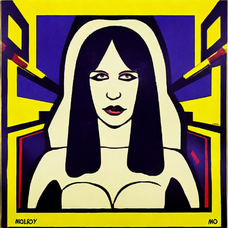 Pop Art Style Portrait of Woman with Dark Hair and Red Lips in Yellow and Purple Geometric Frame
