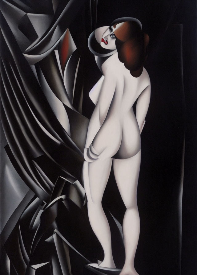 Stylized painting of nude female figure with distorted mirror and abstract dark shapes