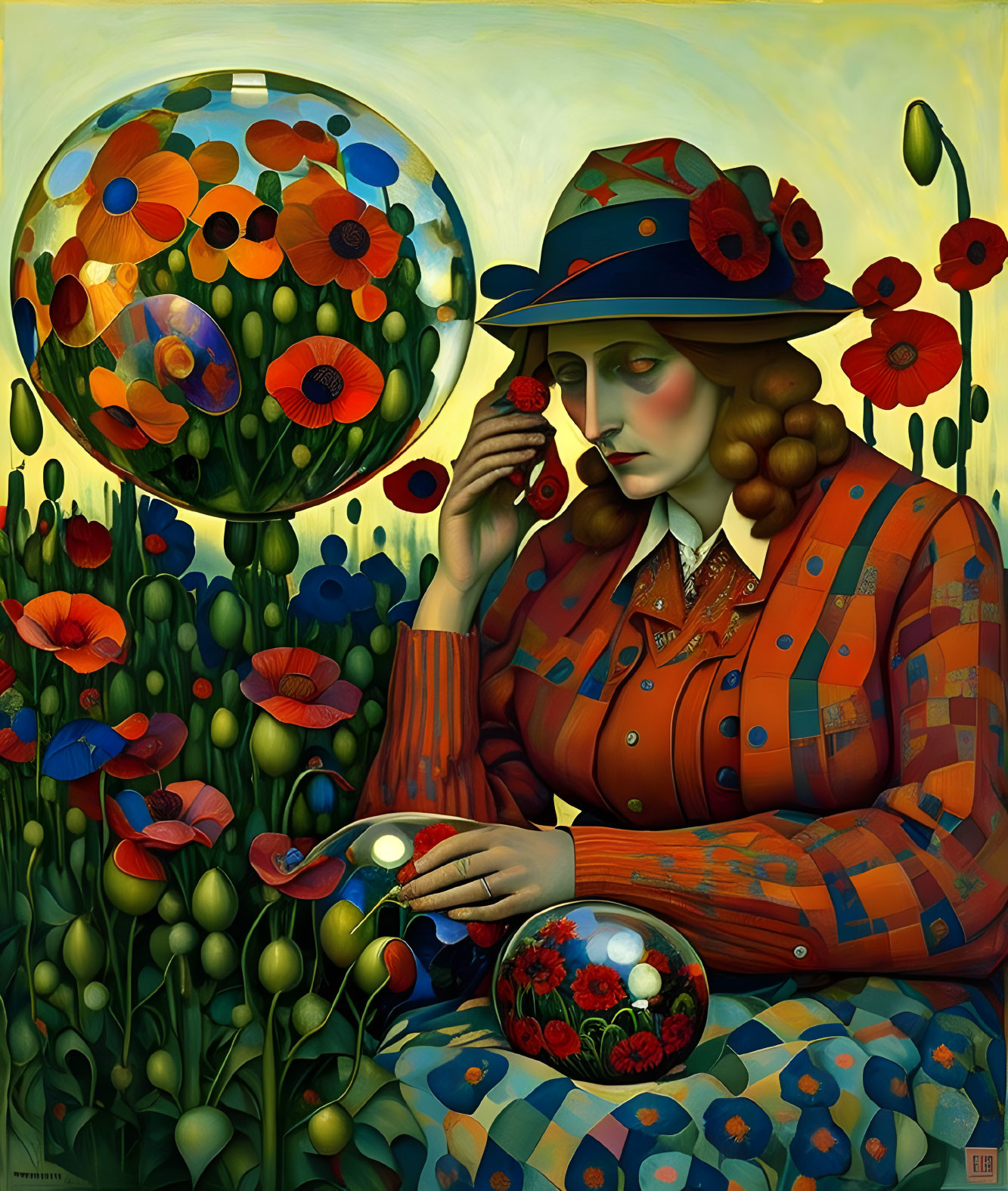 Poor woman with a glass ball and poppies