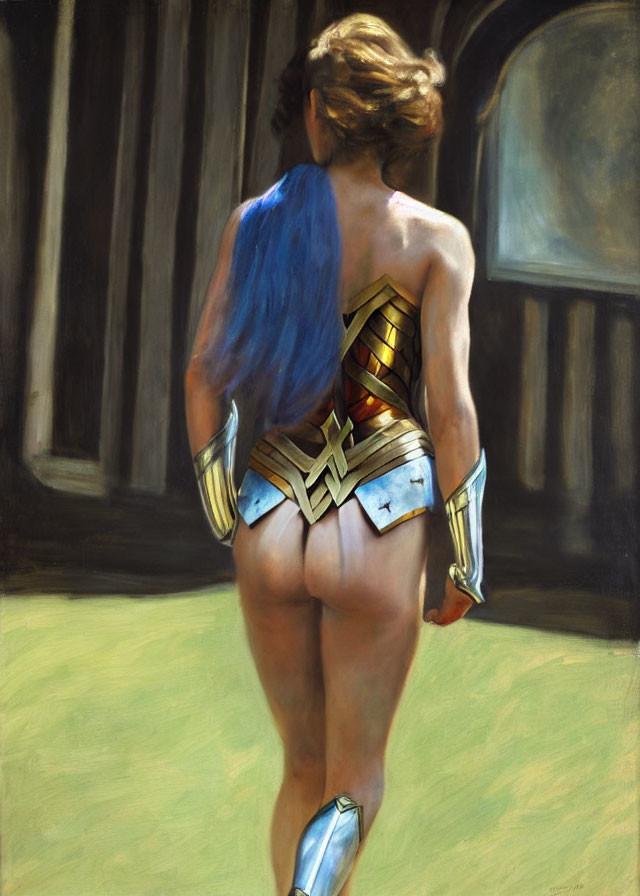 Woman as Wonder Woman walking towards shadowed archway with lasso.