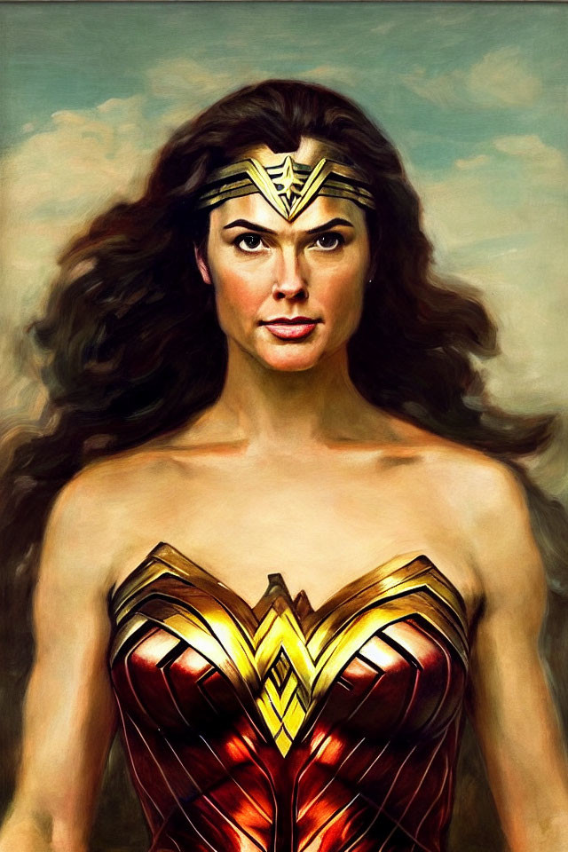 Portrait of Woman in Superhero Costume with Tiara and Armor