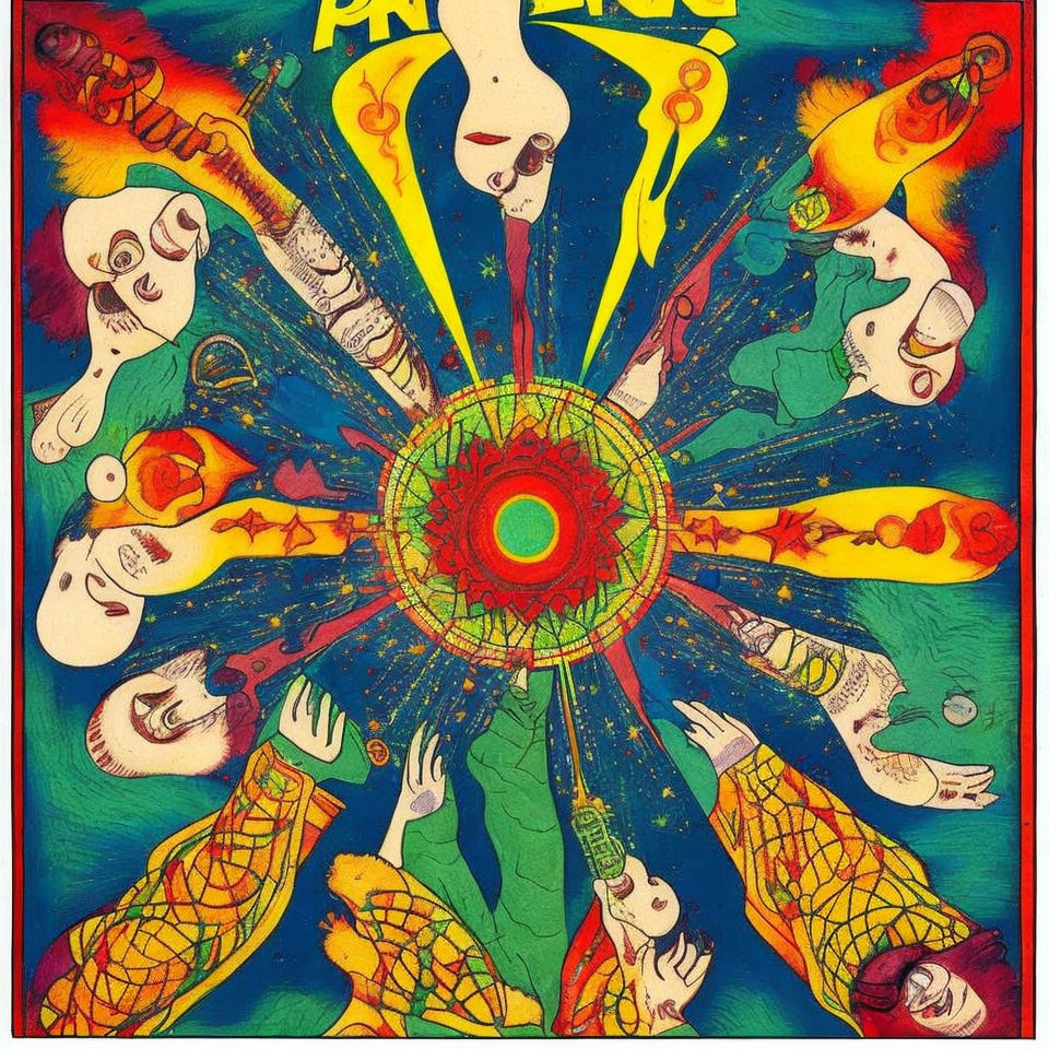 Vibrant Psychedelic Poster with Abstract Human-like Figures and Radiant Mandala Design