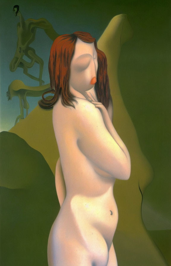 Surreal painting of nude female with featureless face and shadowy horse against green backdrop