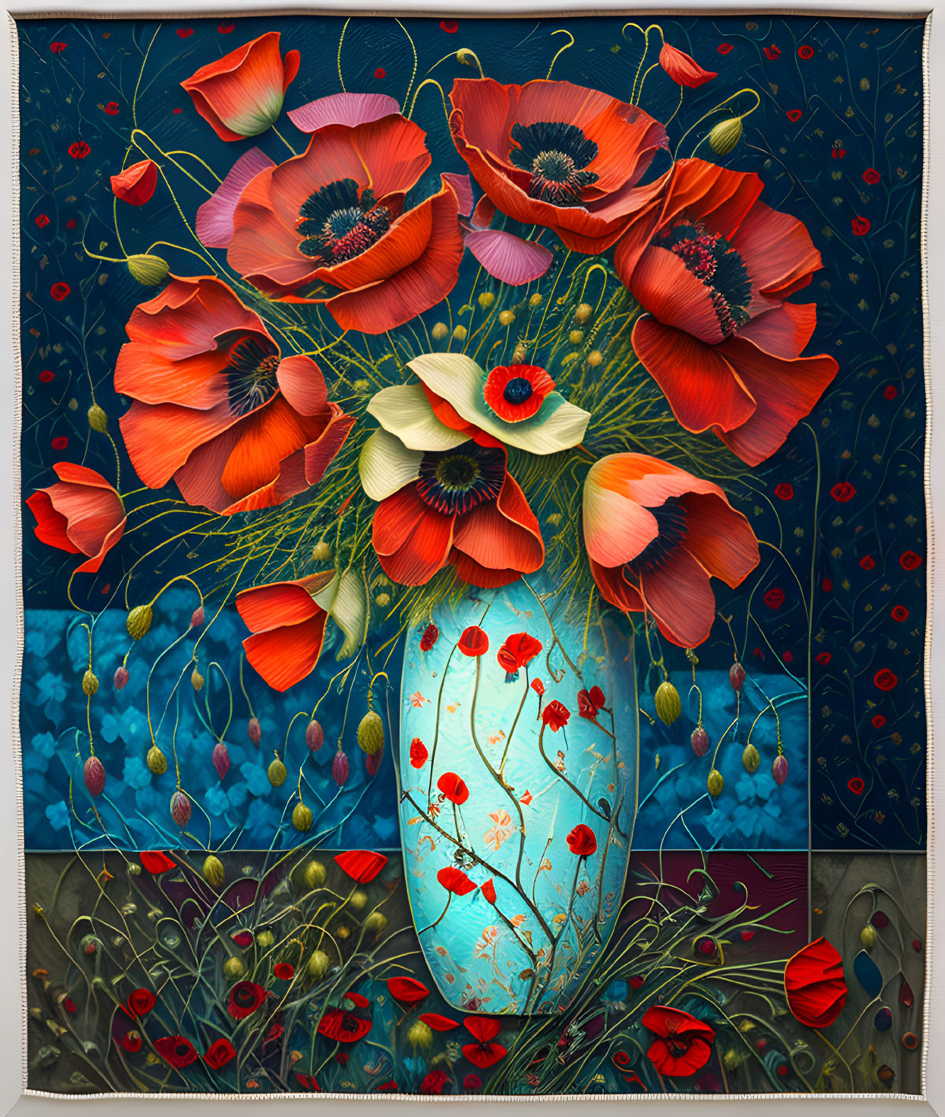 Colorful painting of blue vase with red poppies and white flowers on dark background