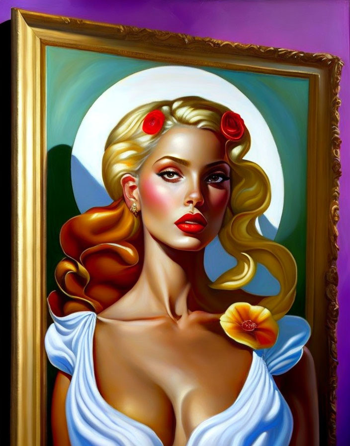 Stylized portrait of woman with golden hair, red lips, white hat, and low-cut dress
